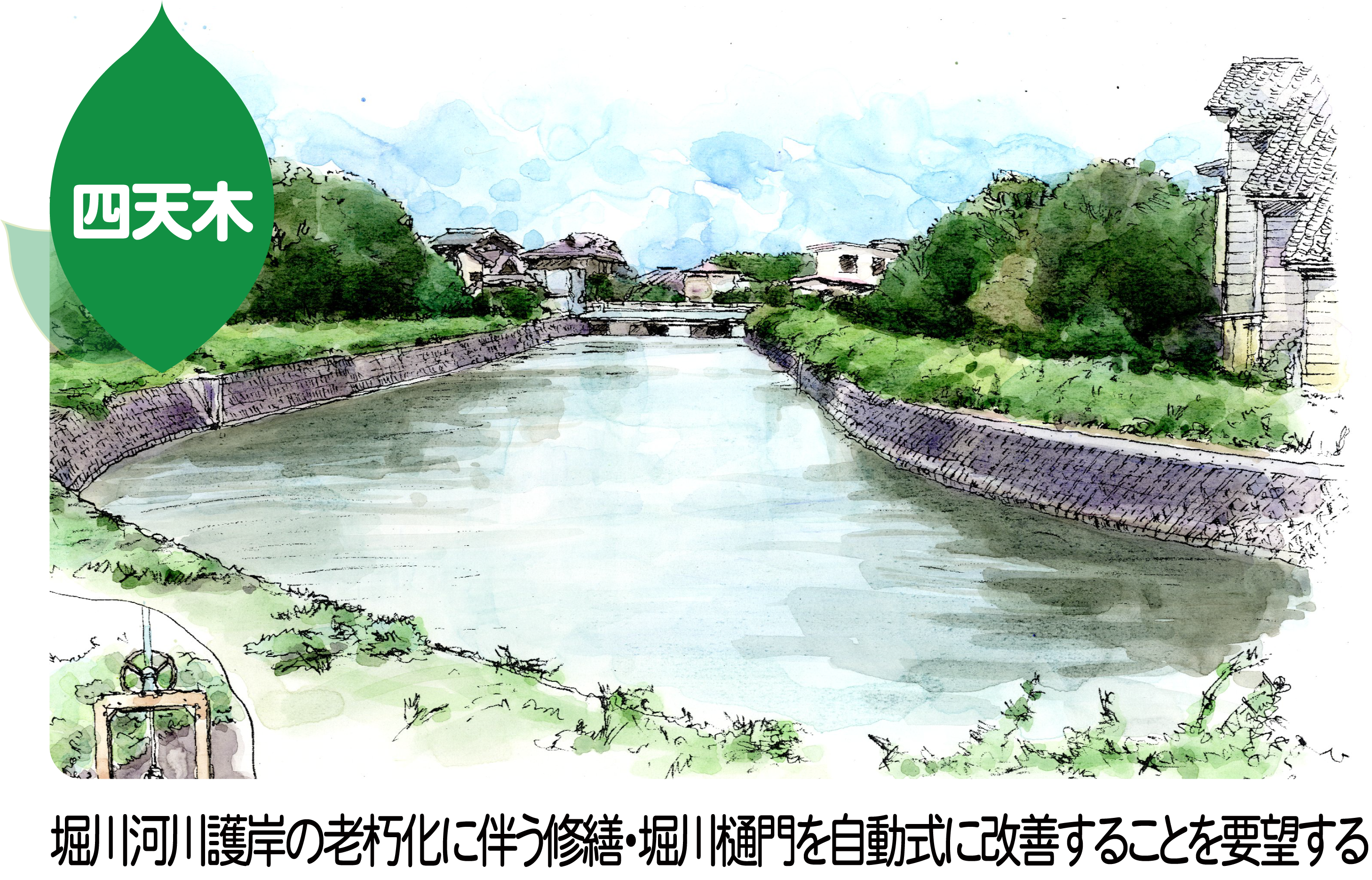 活動報告　四天木堀川河川護岸の老朽化に伴う修繕・堀川樋門を自動式に改善のイメージパースが表示されています。